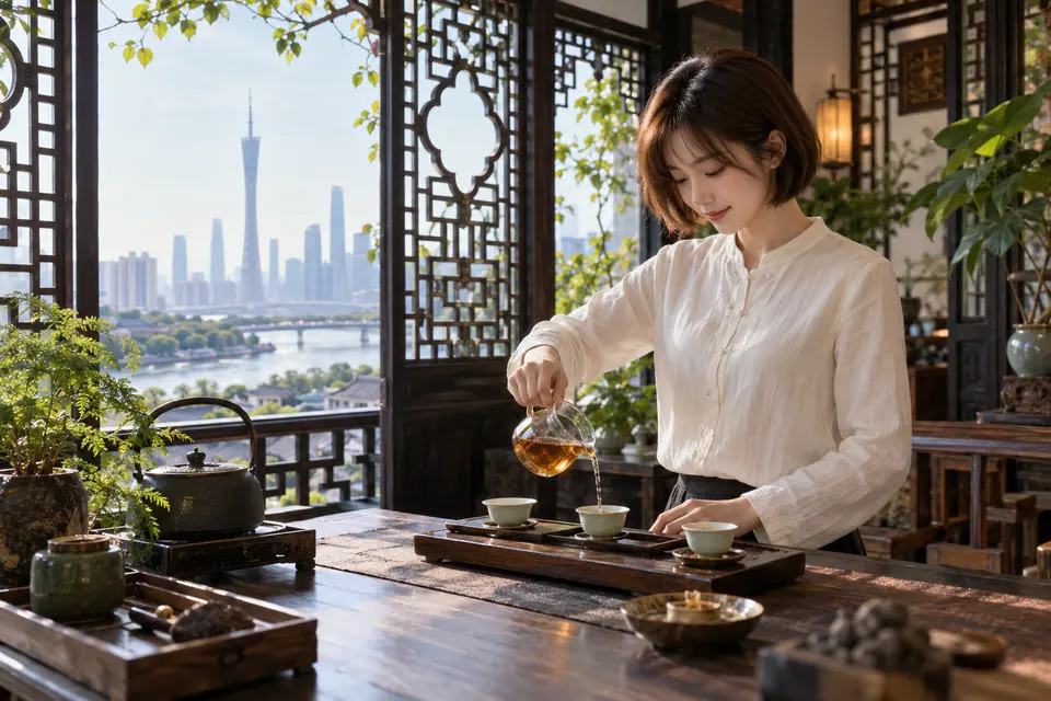 岭南花窗前冲泡茶汤，公道杯与白瓷杯置于茶席