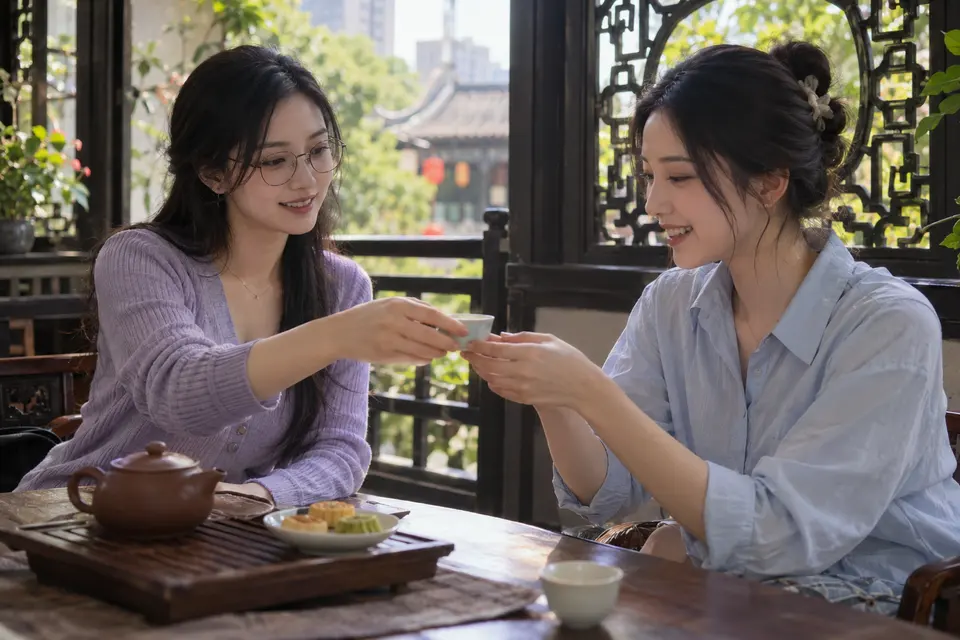 花窗旁茶点与茶杯，茶友围坐交流
