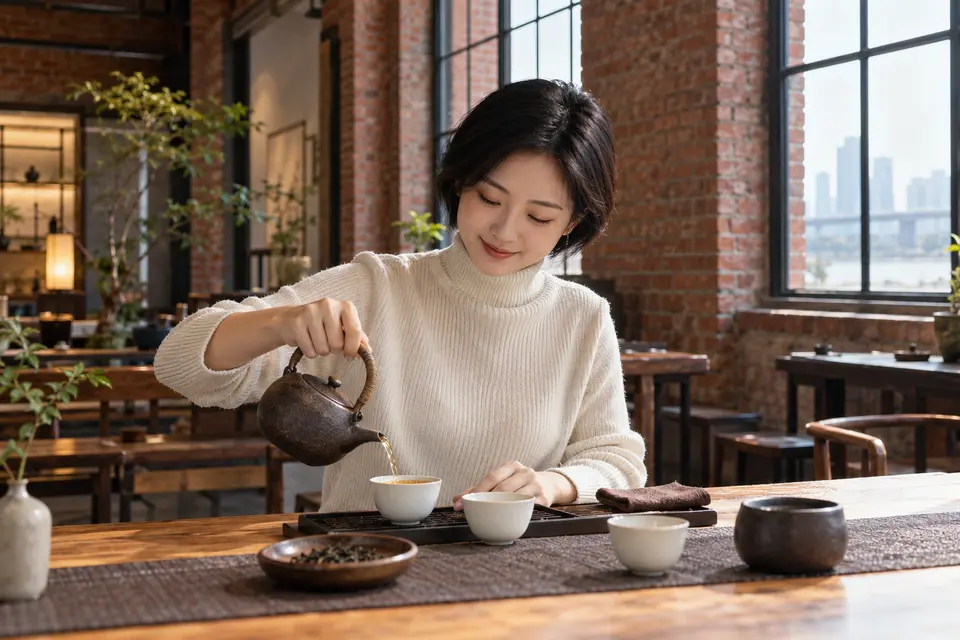 红砖改造空间内倒茶,陶壶与茶席布置
