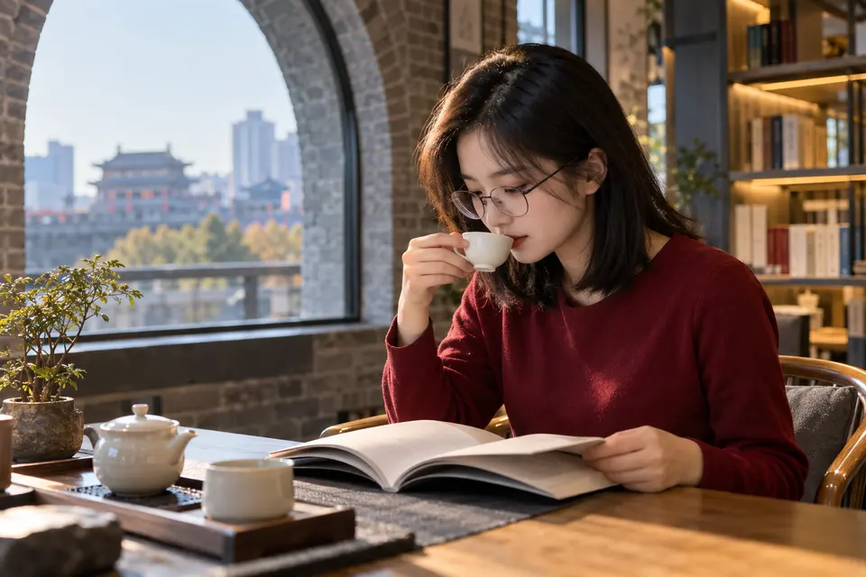 城市书房内品茶阅读,白瓷杯与记录本