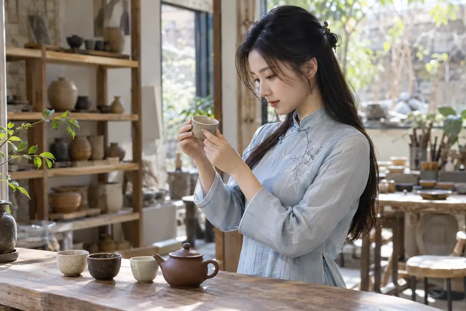 陶杯挑选与品饮，观察茶具细节
