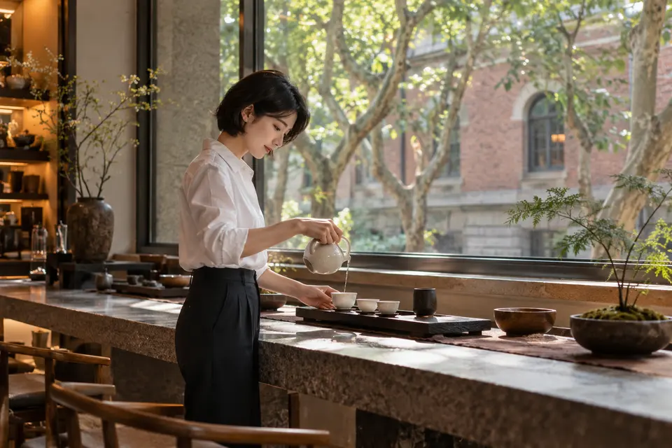 都市街区茶室内倒茶场景,白瓷茶具与桌面