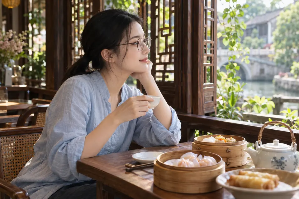 岭南早茶场景中白瓷茶具与茶点摆放，年轻女性正在品饮