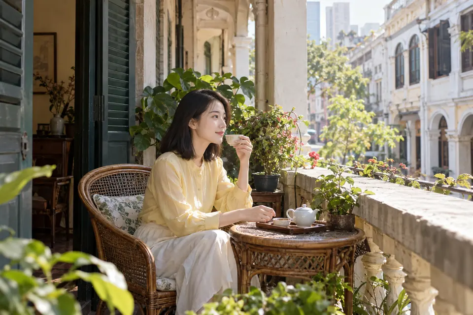 骑楼阳台清晨，白瓷茶杯与休闲茶饮场景